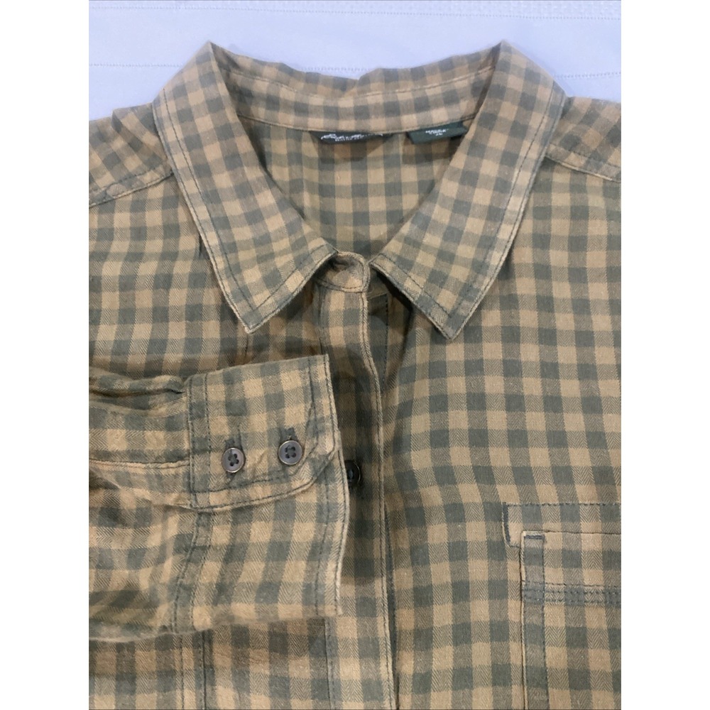 Eddie Bauer Women's XL Gingham Plaid Shirt Olive Green Tan Button Down